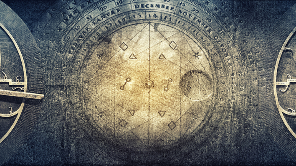 Ancient astronomical instruments on vintage paper background. Ab